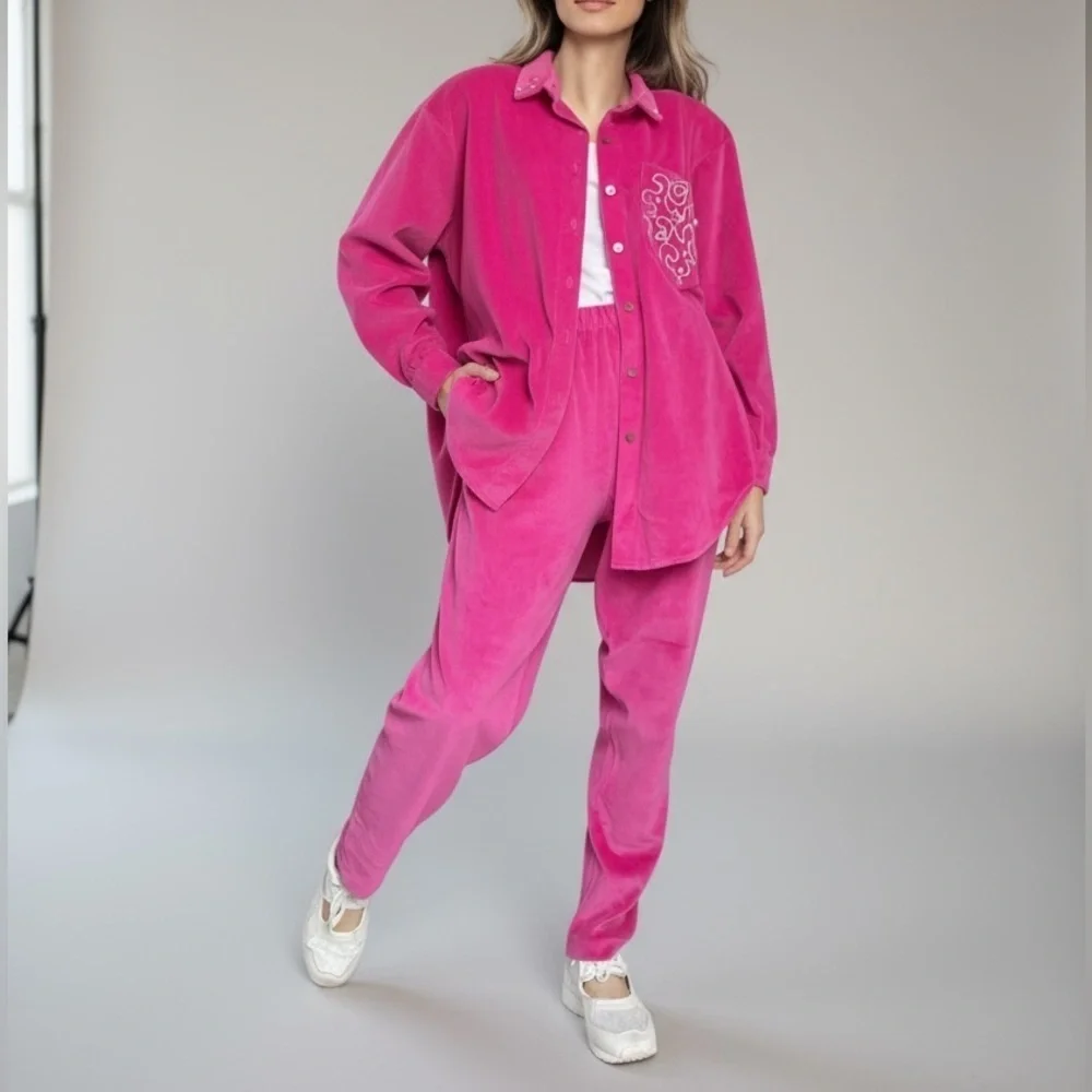 Vintage 80s Velour Set Barbie Pink Pants & Overshirt Medium